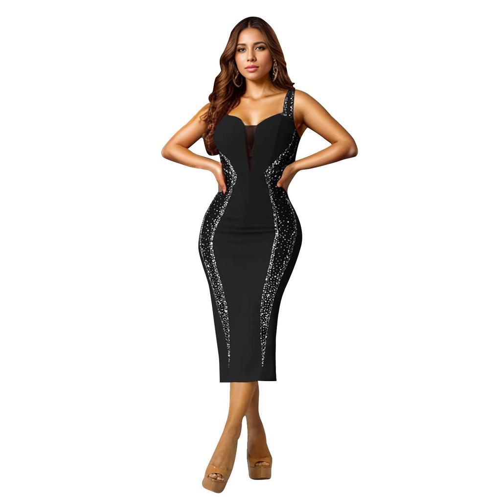European & American Fashion Rhinestone Strappy Midi Dress - Women's Hot-fix Style New Arrival