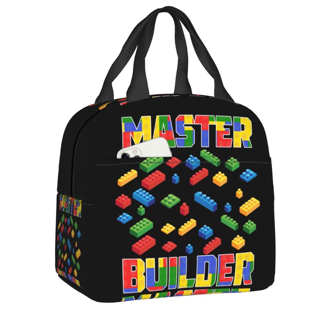 Custom Brick Builder Blocks Master Builder Insulated Lunch Tote Bag for Women Resuable Cooler Thermal Food Lunch Box Children