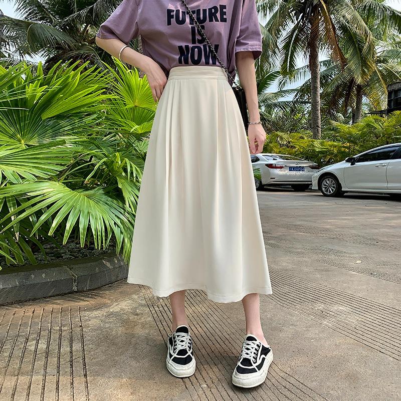 DIMANAF 2026 Summer New Plus Size Women Long Skirts Fashion Office Lady Style Pleated Skirt with Pockets Solid