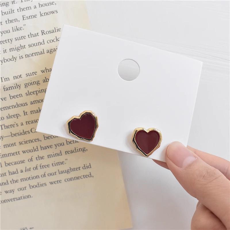 Korean Style S925 Silver Needle Wine Red Heart Stud Earrings - High-End, Versatile, Women's Simple Design with Drip Oil.