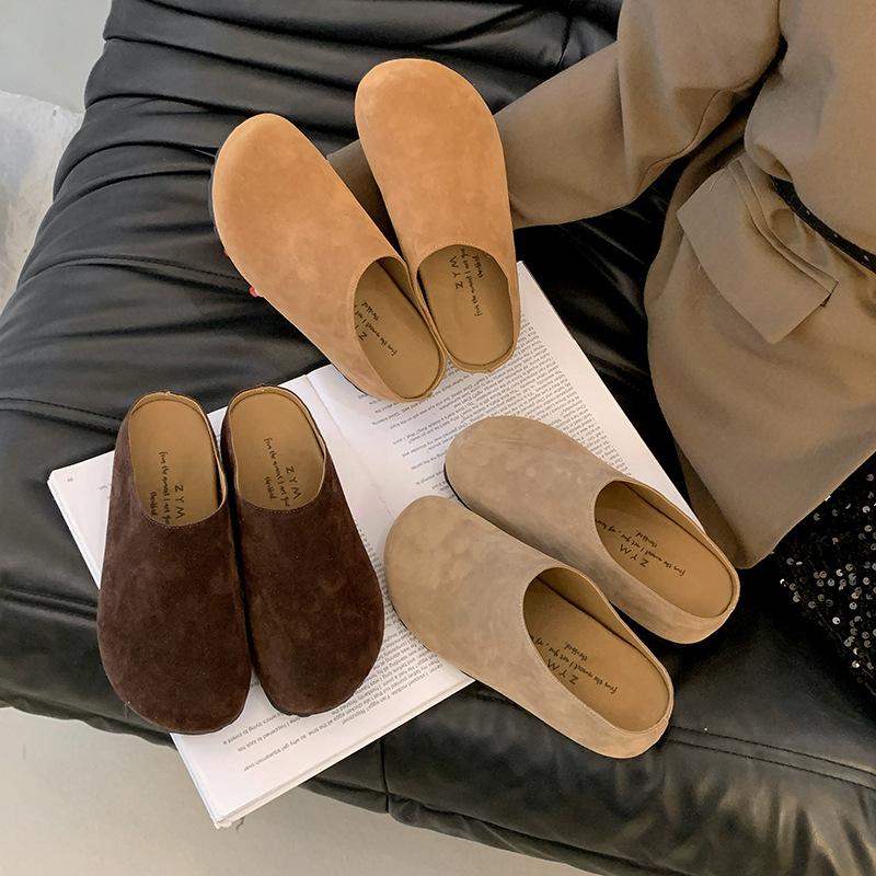 Retro matte leather lazy one-pedal Boken slippers women's 2024 autumn new non-slip casual bag head half slippers