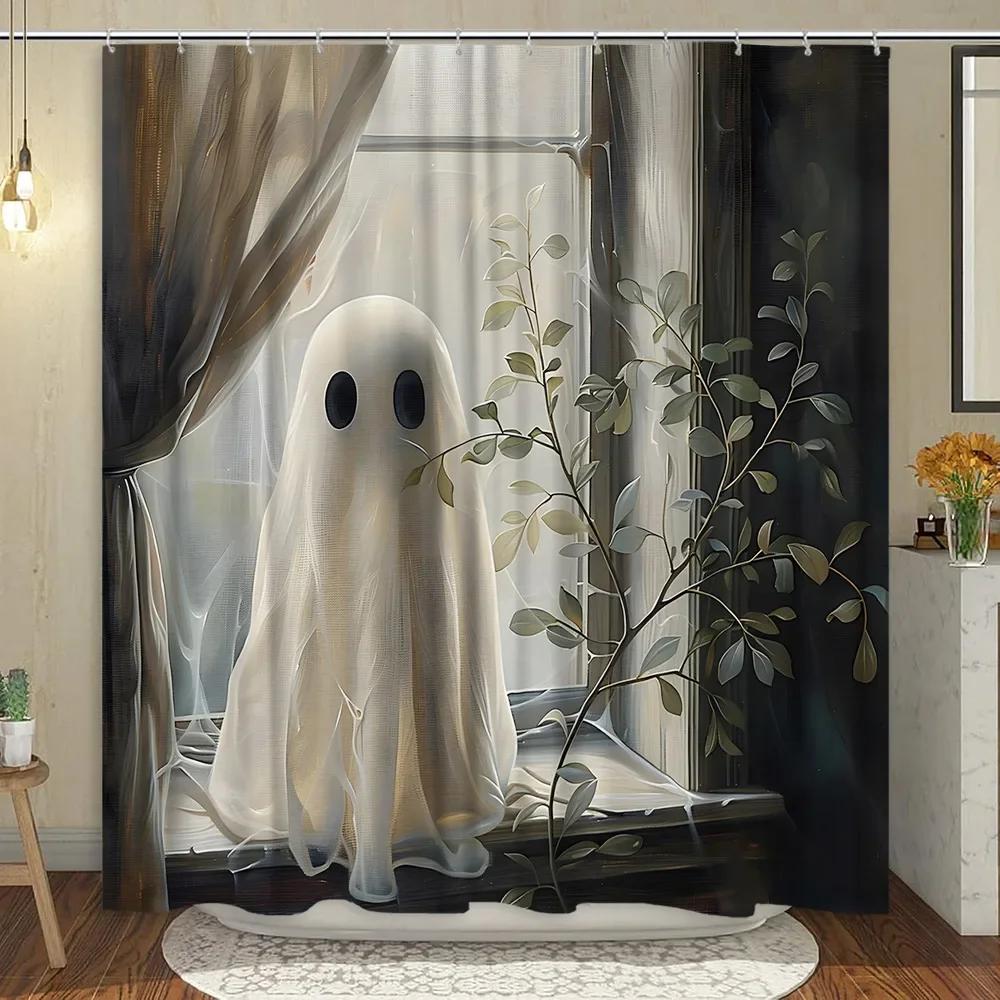 Cute Ghost Shower Curtain Cartoon Spooky Flower Plant Candle Watercolour Modern Home Polyester Fabric Bathroom Decor Curtain Set