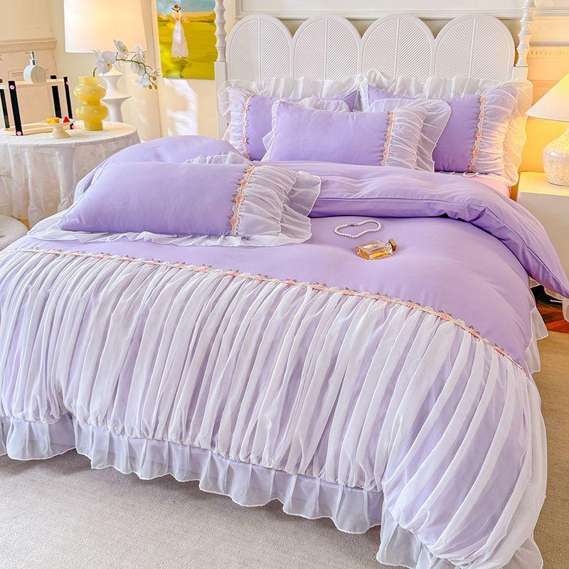 

Постельный комплект из четырех предметов в стиле легкой роскоши, французский, из стиранного хлопка, высококачественный, сказочное покрывало, однотонная простыня, пододеяльник 2.0m 4pcs