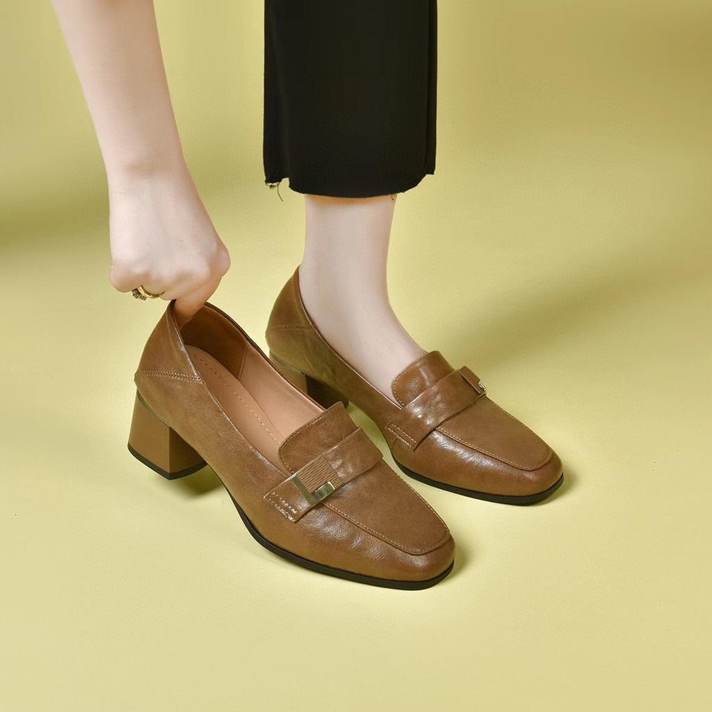 Square Head High Heels Women's Spring New Square Buckle Middle Heel Work Shoes One Pedal Thick Heel Women's Leather Shoes