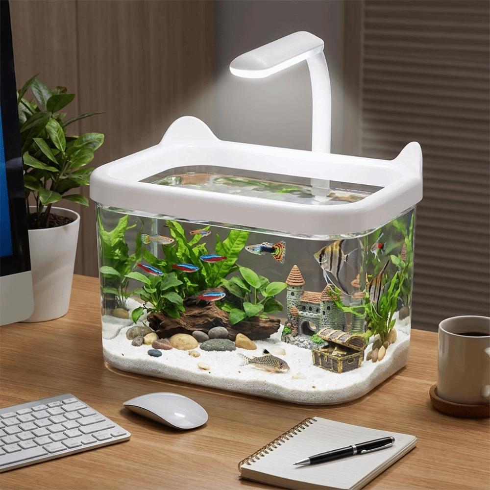 Creative LED Light Desktop Fish Tank Transparent Cat-shaped Betta Fish Bowl Durable Plastic Fish Breeding Tank Ecological Tank