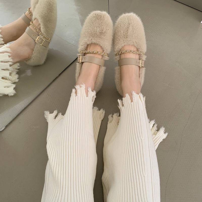 Designer Autumn Women Comfortable Warm Fur Shoes Fashion Shallow Slip on Ladies Flats Shoes Round Toe Women's Mary Jane Shoes