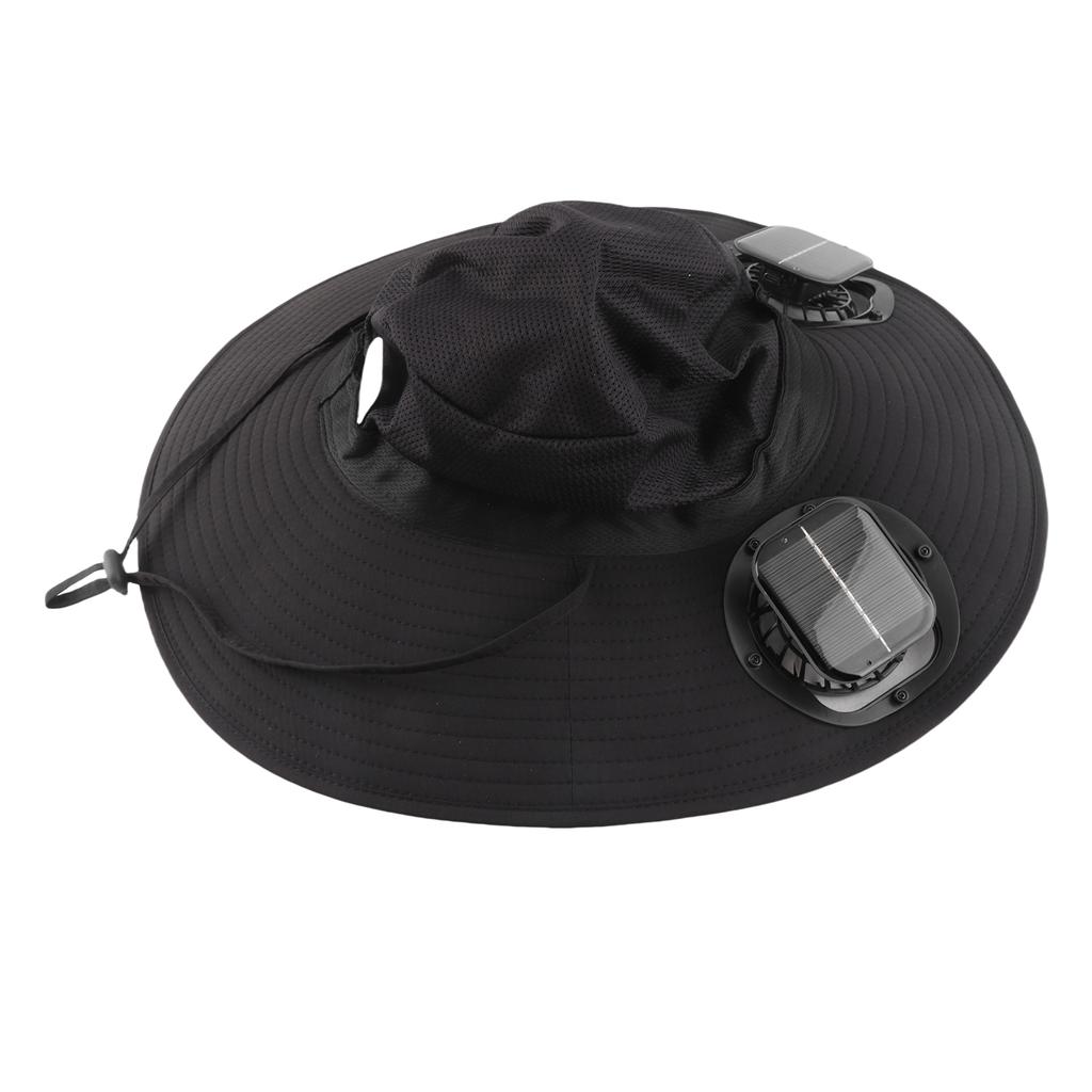 Solar Fan Hat USB Charging and Solar Powered Double Fans Wide Brim Sun Hat for Fishing Beach Black