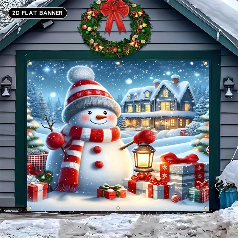 2D Plan, Oversized Winter Wonderland Garage Banner -8.0x7.0 Feet Snowman and Snow Village Scene, Snow Covered Houses,