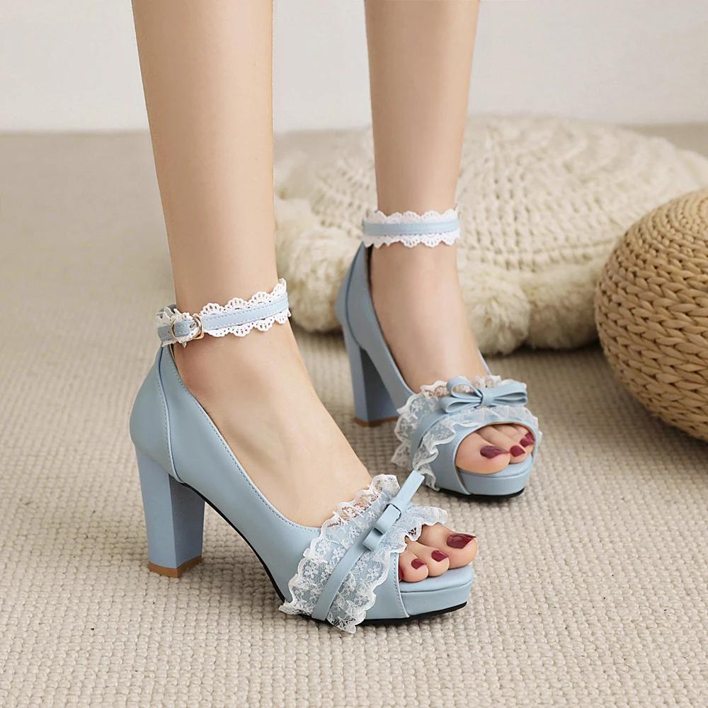 Fashion Women Summer Tacones Altos Lace Mesh Pumps Fish Mouth High Heels Lady Platform Sandals Evening Dress Wedding Shoes Femal  32-46