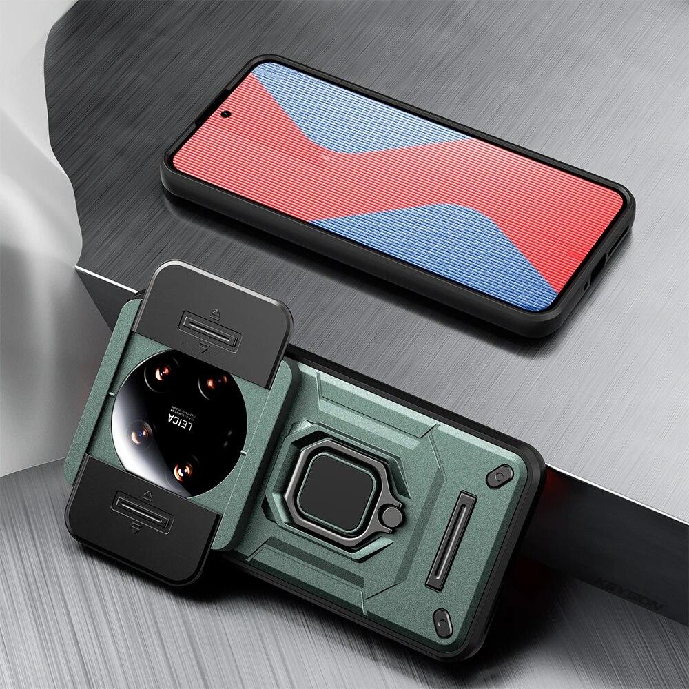 

Противоударный чехол KEYSION для Xiaomi 14 Ultra 5G 14 Pro 5G, защитное кольцо для объектива камеры, задняя крышка-подставка для телефона Redmi A3 for Xiaomi 14 Ultra зелёный