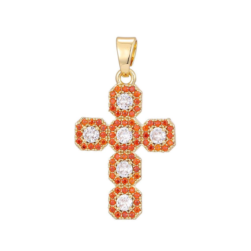 Gold-Plated Multi-Color Zirconia Cross Necklace with Full Diamond Design