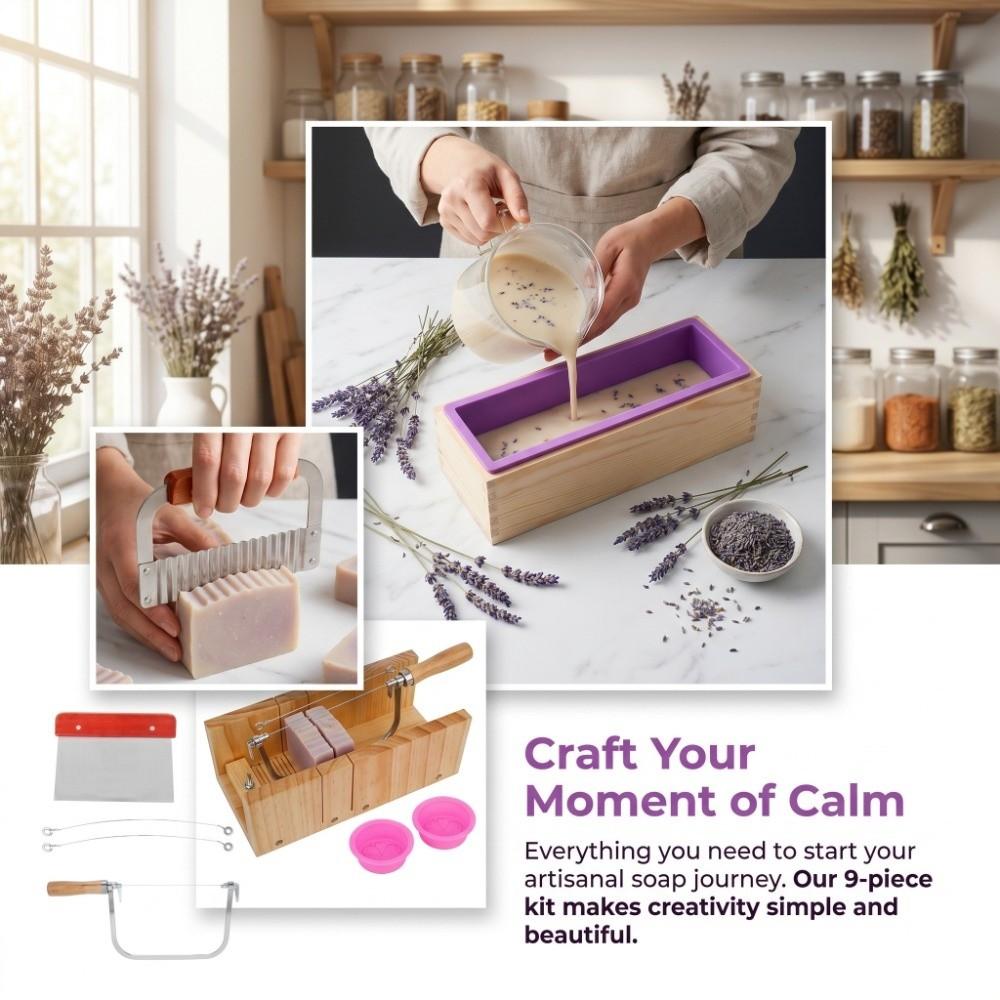 9pcs Wood Handle Soap Cutter Kit Straight Cutting Silicone Wooden Loaf Mold Reusable Wavy Cutting Soap Mold Set Bar Cutting