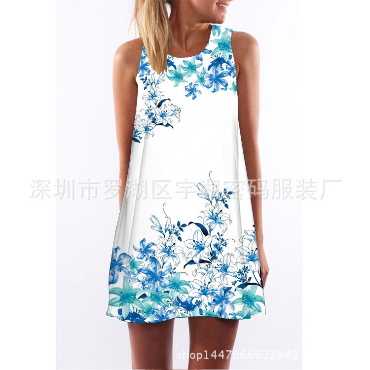 European and American Hot-selling New Digital Printing Round Neck Big Pendulum Loose Off-the-shoulder Medium and Long Vest Sleeveless Dress