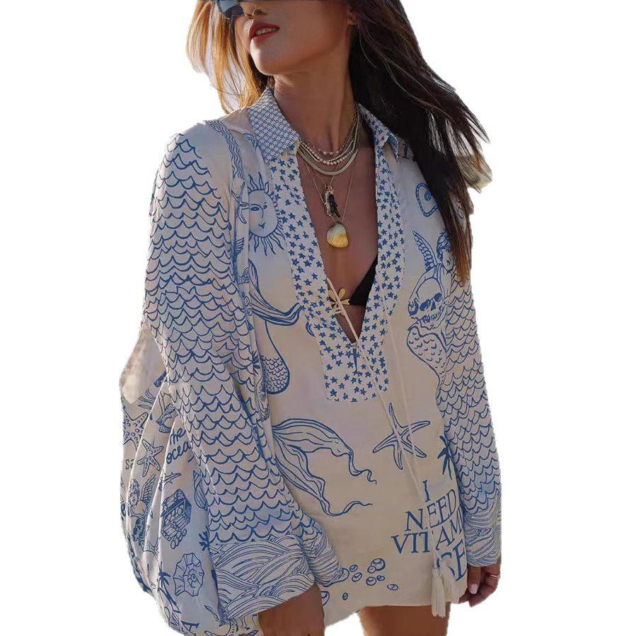 2025 Spring European Women's Casual Two-Piece Set: Loose Printed Shirt & Shorts