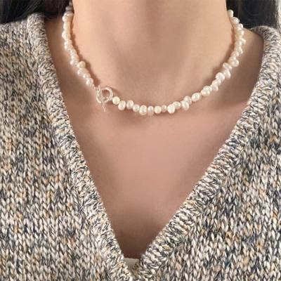 Rice Ball Ugly Natural Freshwater Pearl Silver Toggle Bar Necklace