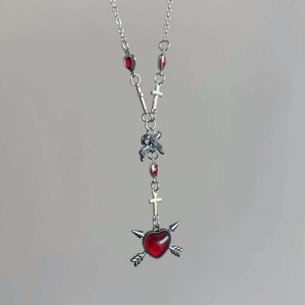 Dark Punk Red Black Heart Butterfly Necklace With Antique Zinc Alloy For Women