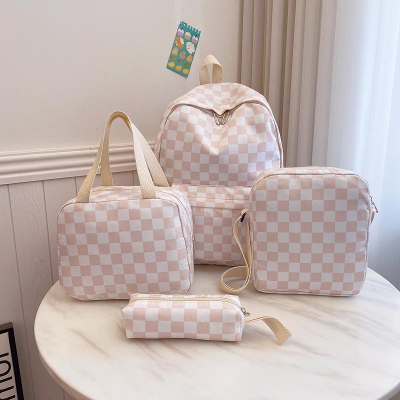 Checkerboard 4Pcs Backpack Set Crossbody&handbag&Pen Case Stitching Multi Pocket Adjustable Straps Campus Commute Bundle
