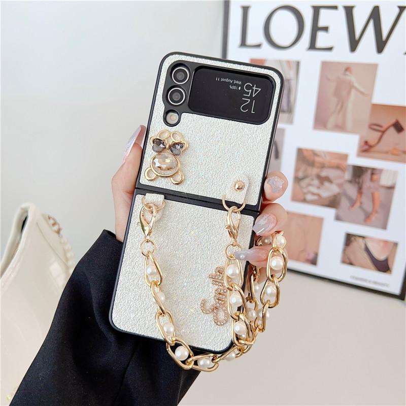 Luxury Cute Bear Glitter Pearl Short Chain Case for Samsung Galaxy Z Flip 4 Case 5G for Galaxy Z Flip3 Shockproof Cover