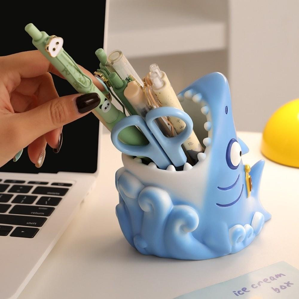 Cartoon Shark Pen Holder Creative Stationery Storage Box Study Room Resin Pen Holder  School