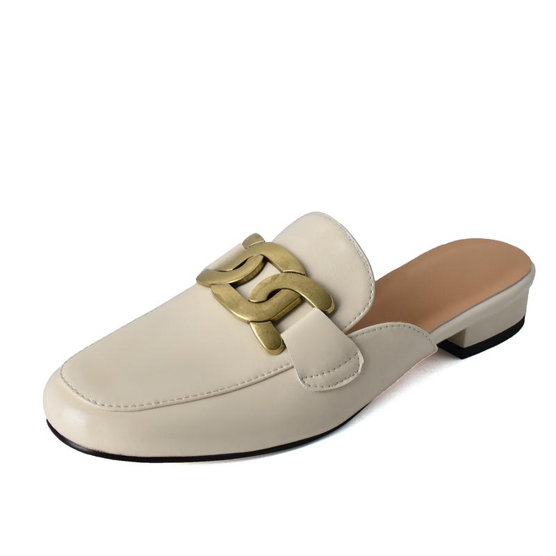 Fashion Women's New Spring/Summer Round Head Metal Buckles with Genuine Leather Comfortable Mid Heel Baotou Muller Slippers 44 45 46