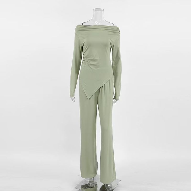 

Модный стиль топ с открытыми плечами костюм с брюками палаццо с высокой талией комплект топ с открытыми плечами и брюки Green L