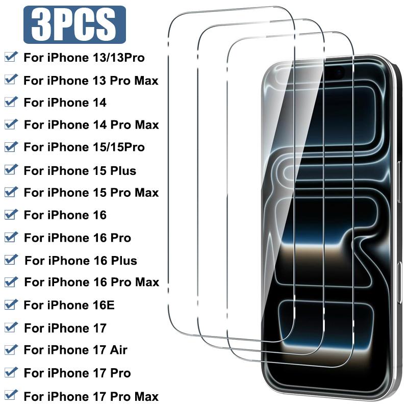 3 Pçs Vidro Temperado Completo Para Iphone 17 Pro Max 17 Filme Protetor De Tela Ar Para Iphone 13 14 15 16 Pro Max Plus 16e 13mini Vidro