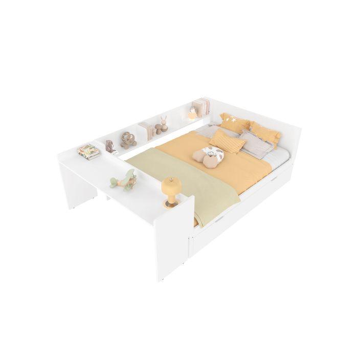 Lit double - MUVOE - 140x200cm - Bois massif - Bureau intégré - Étagères de rangement