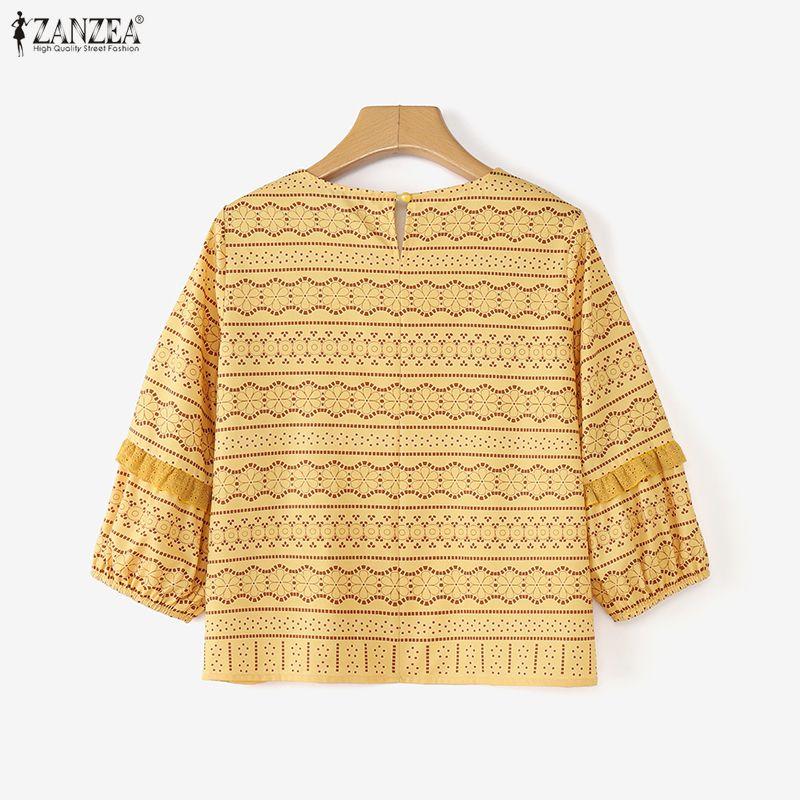 ZANZEA Women Casual Round Neck Loose 3/4 Sleeve Print Blouse