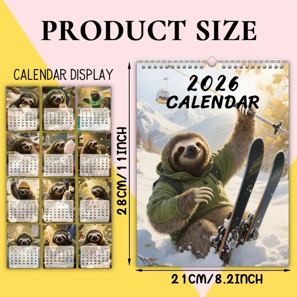 Funny Animal Calendar 2026 Sloth Skiing 12-Month Planner 8.27x11.02in Funny Wall Calendar for Home Workplace Dorm Apartment