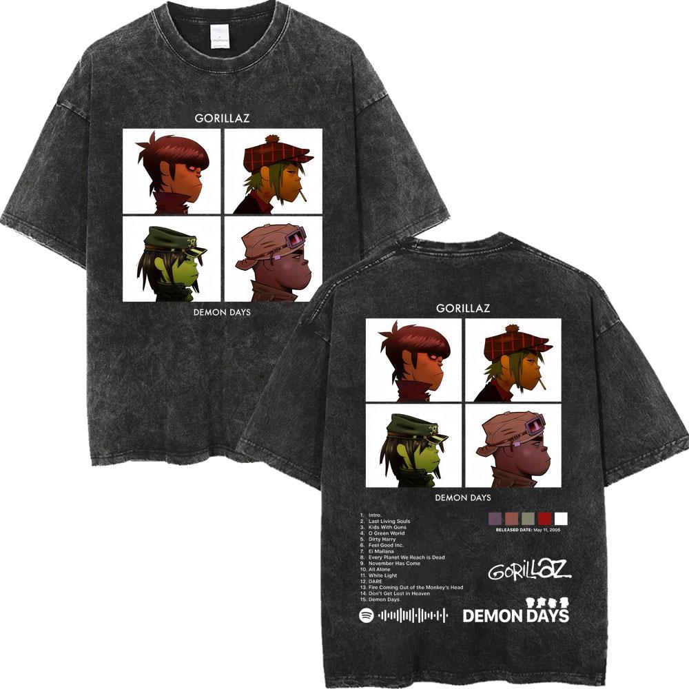 Vintage Washed Gorillaz The Mountain Tour Graphic T Shirts High Quality Fashion Oversized Tshirt Unisex Cotton Tshirts S