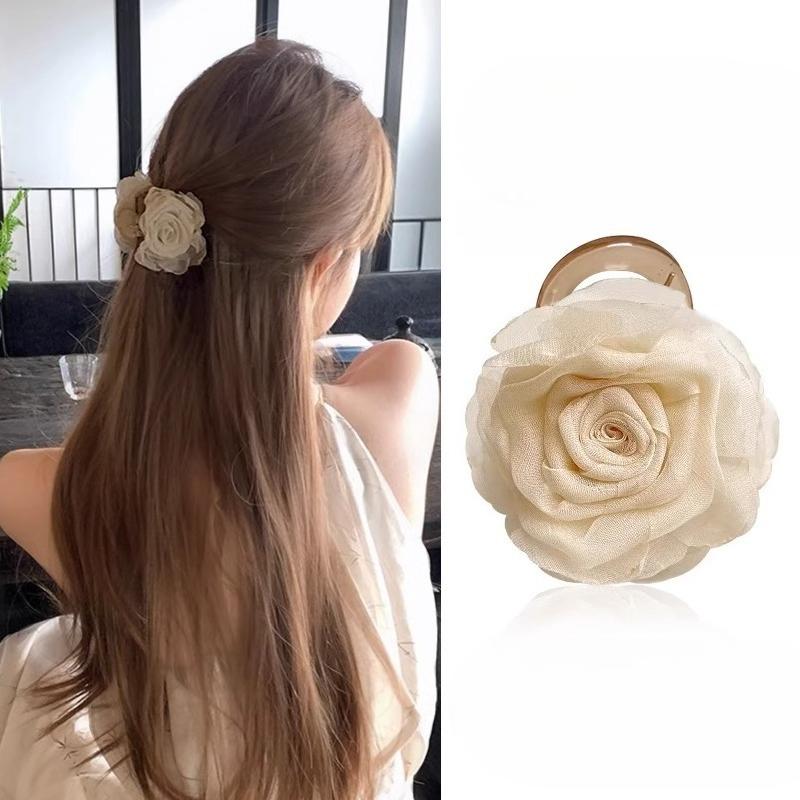 Fabric Rose Flower Hair Claw Clip for Women Girl Hair Grab Clip Barrette Plastic Ponytail Clamp Summer Headwear Hair Accessories