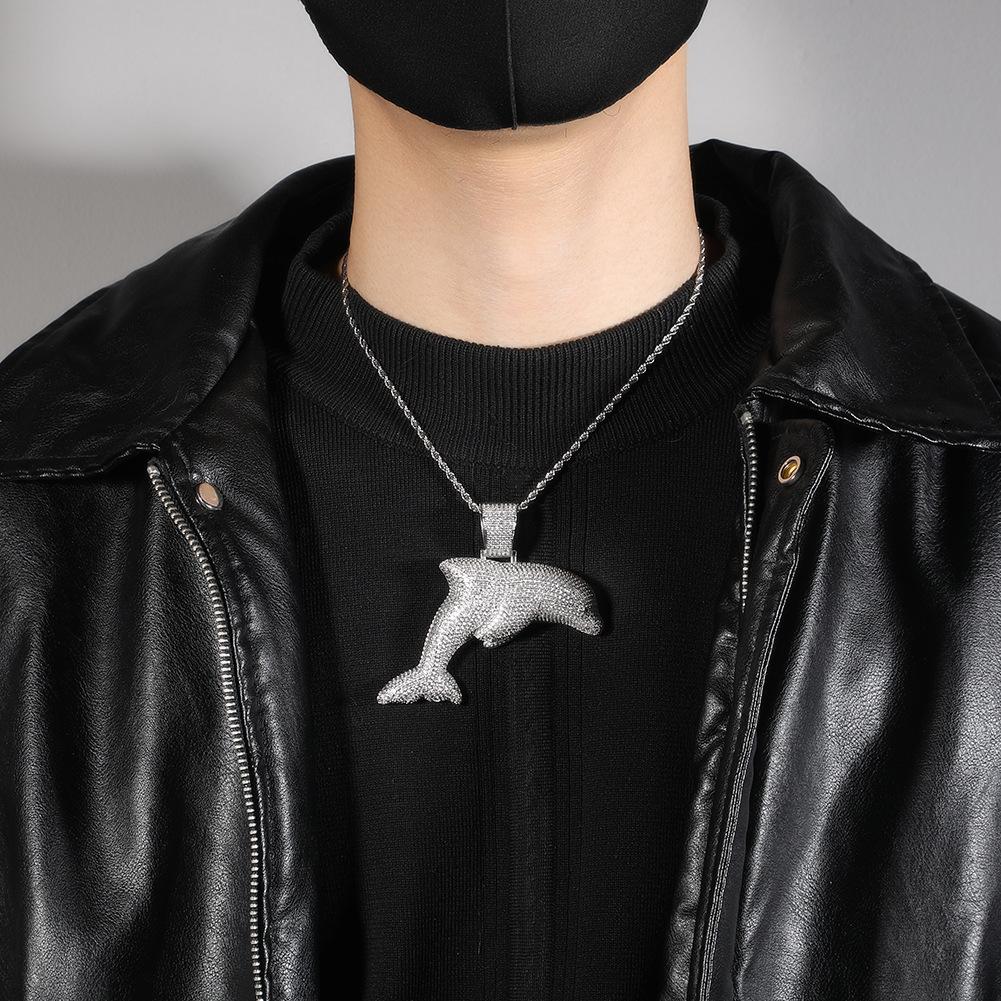 Personalized and creative large dolphin pendant necklace ins hip hop cartoon 5A zircon men and women trendy cool necklace