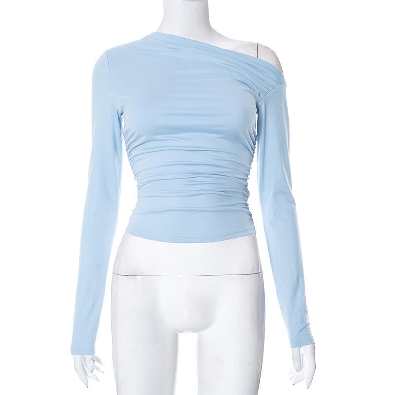 2025 Women's Asymmetrical One-Shoulder Solid Color Long Sleeve Slim Fit Cropped Top