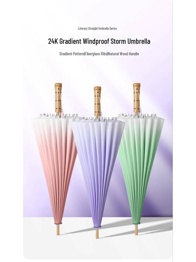 24-Rib Long Handle Windproof Gradient Chinese Style Umbrella, Sun & Rain Protection, Customizable Logo, Reinforced Design