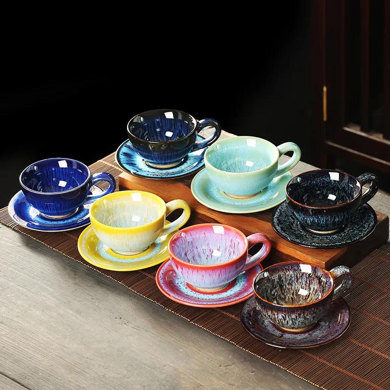 Ceramic Kiln Changed Coffee Cup and Saucer Set Creative Vintage Chinese Breakfast Cups Afternoon Tea Drinking Utensils