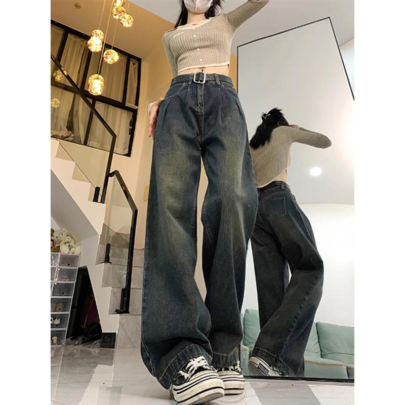 Women's Plus Size High Waist Fleece-Lined Grey Jeans, Autumn/Winter, Thick, Loose, Slimming, Straight Wide Leg.
