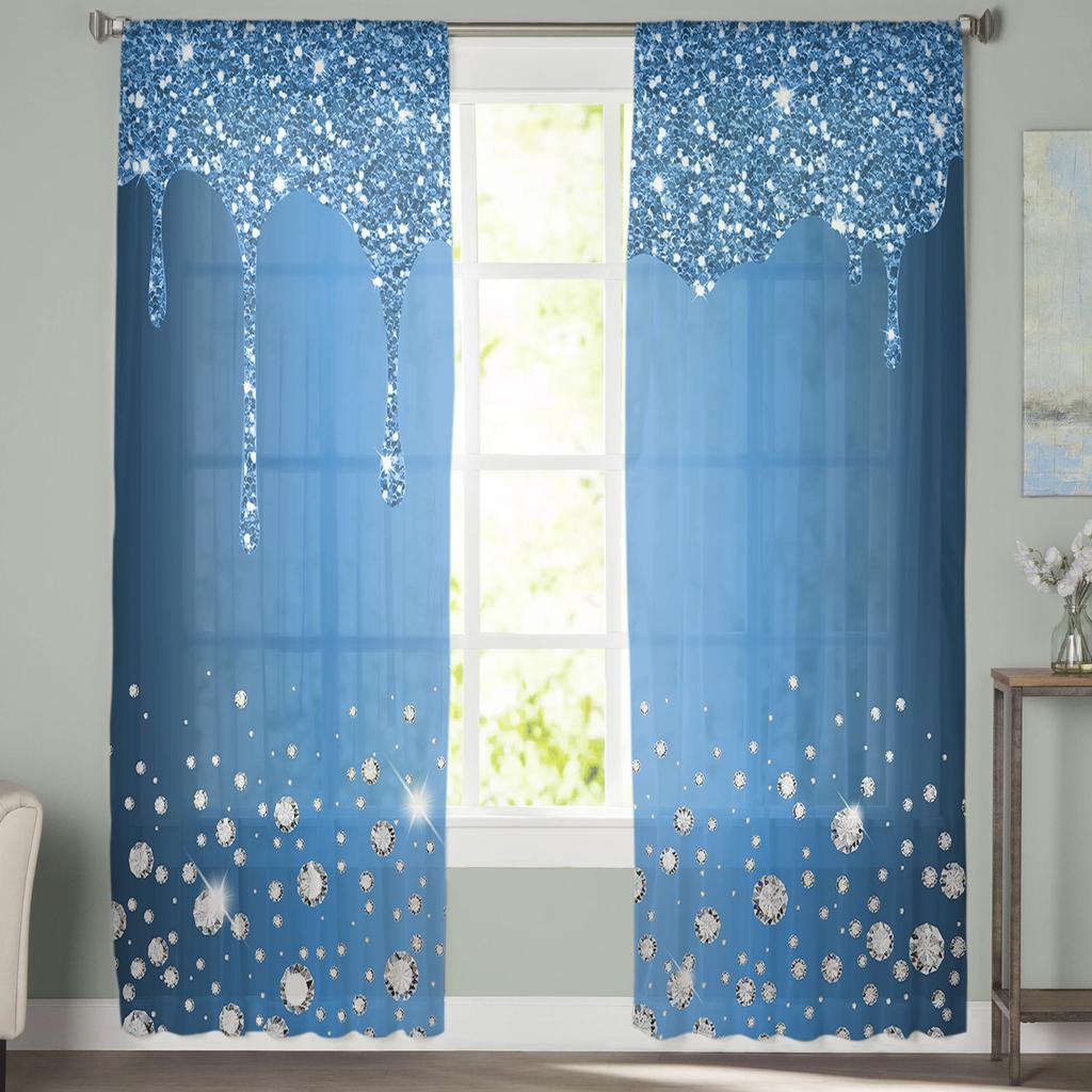 Blue Shiny Diamond Droplet Texture Window Curtains For Living Room Bedroom Kitchen Chiffon Sheer Window Treatment