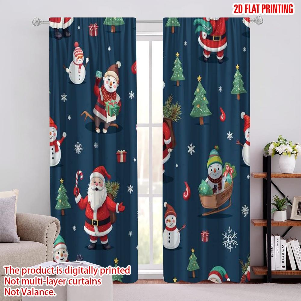 

2pcs 2D flat printing Merry Christmas Scene Curtains Blue Cartoon Santa Claus 100% Polyester Without Electricity Festive Wall 100*130 HOOK 1pcs