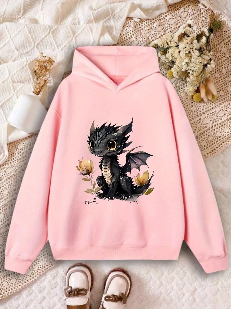 Stylowa bluza z kapturem dla dzieci z długim rękawem i nadrukiem małego smoka w stylu fantasy, luźny, wygodny krój do szkoły i na jesienne rodzinne wycieczki na świeże powietrze.