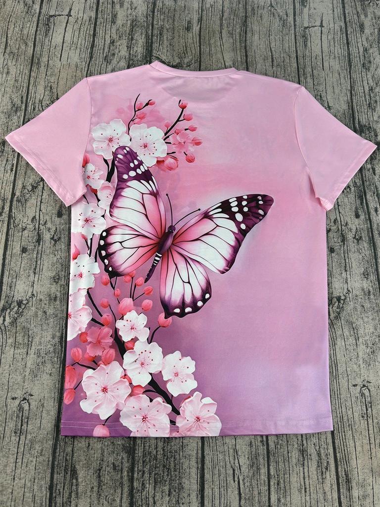 Schmetterlingsblume 3D-Druck Damen Kurzarm-T-Shirt Y2k Damenbekleidung Modisches Rosa T-Shirt Oversized Damenbekleidung