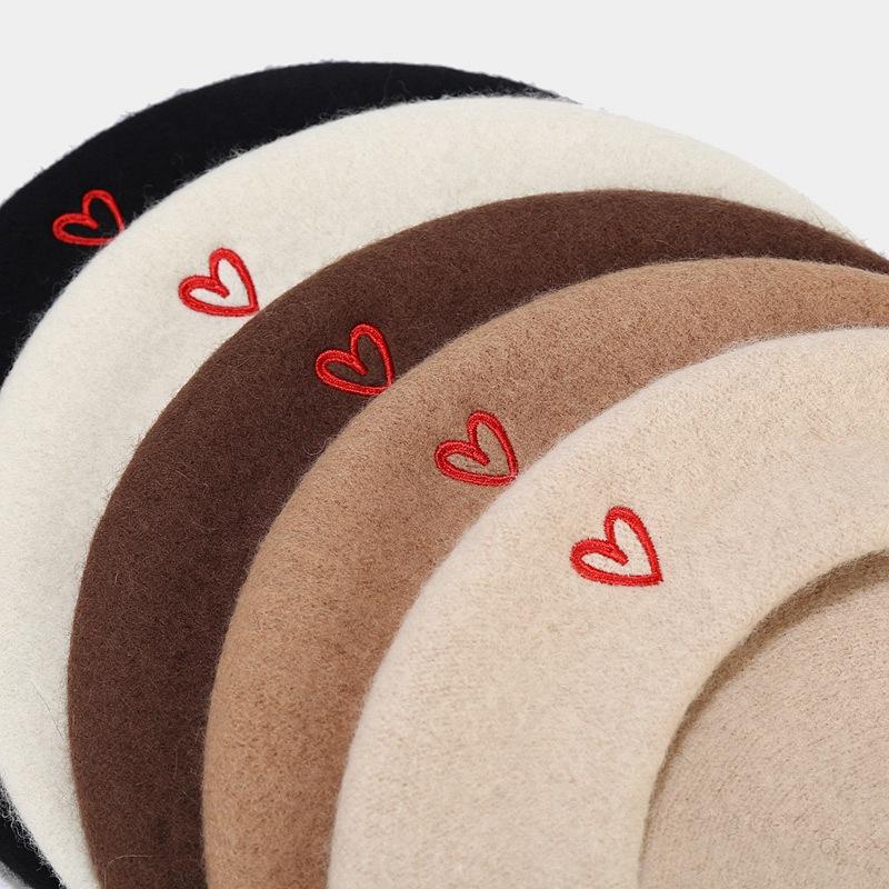 Love Embroidered Wool Beret Cap for Women England Vintage Painter Hat Thicke Warm Solid Berets Female Elegant Woolen Newsboy Cap Vintage Painter Cap