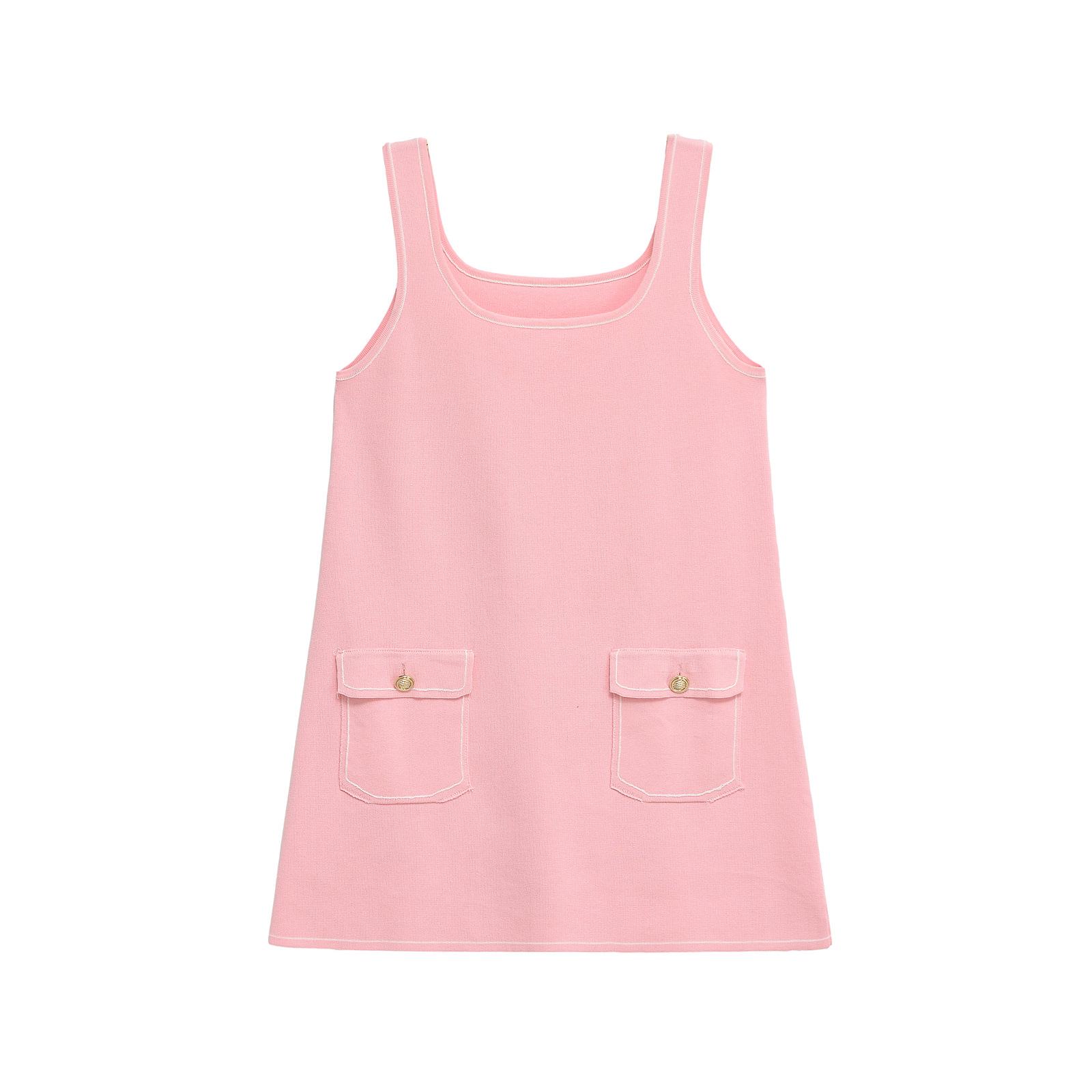 

Летнее женское французское милое повседневное трикотажное платье без рукавов с карманом и брошью Small розовый