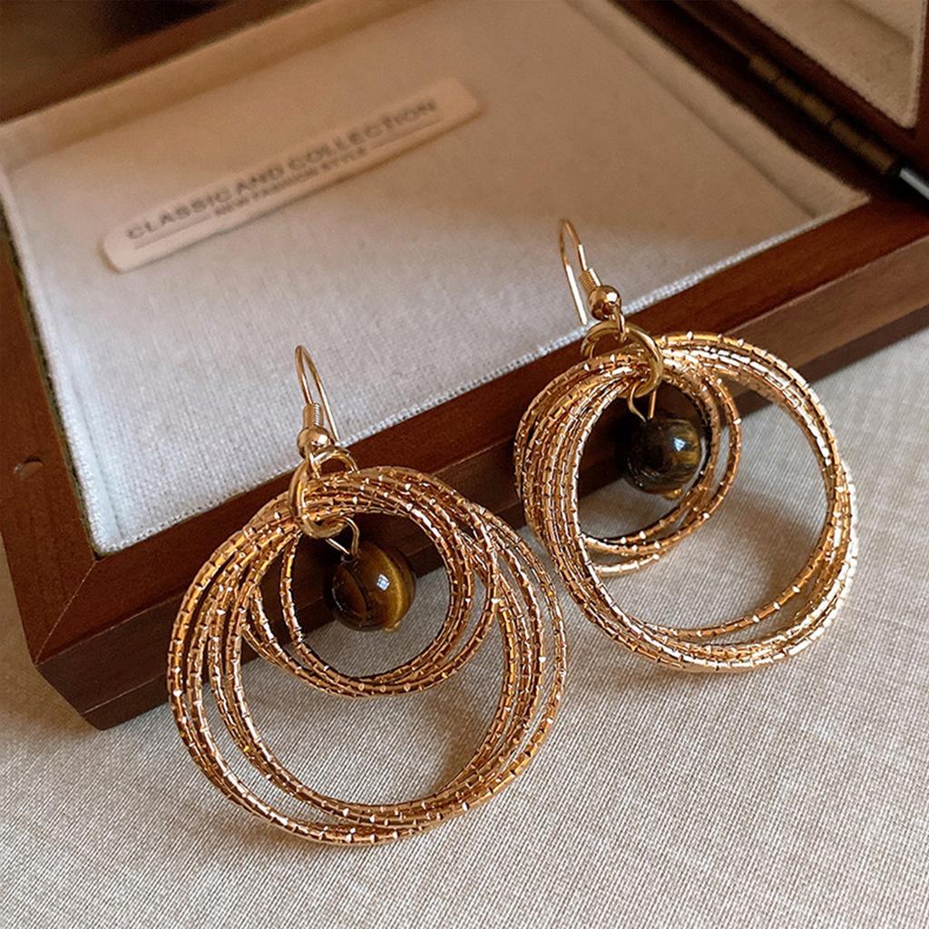 Tiger's Eye Stone Multi-layer Circle Earrings, High-end Light Luxury Ear Hooks, Retro Earrings 1011 New Gold Ear Jewelry Women