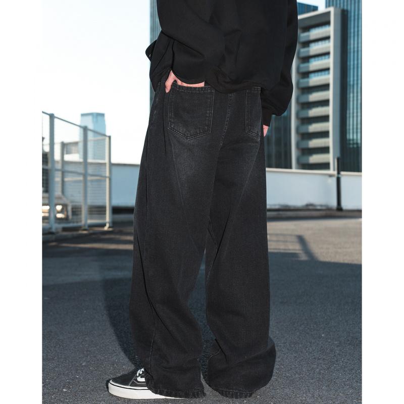 Washed distressed straight loose-fit men's jeans, new four-season vintage silhouette, trendy casual long pants