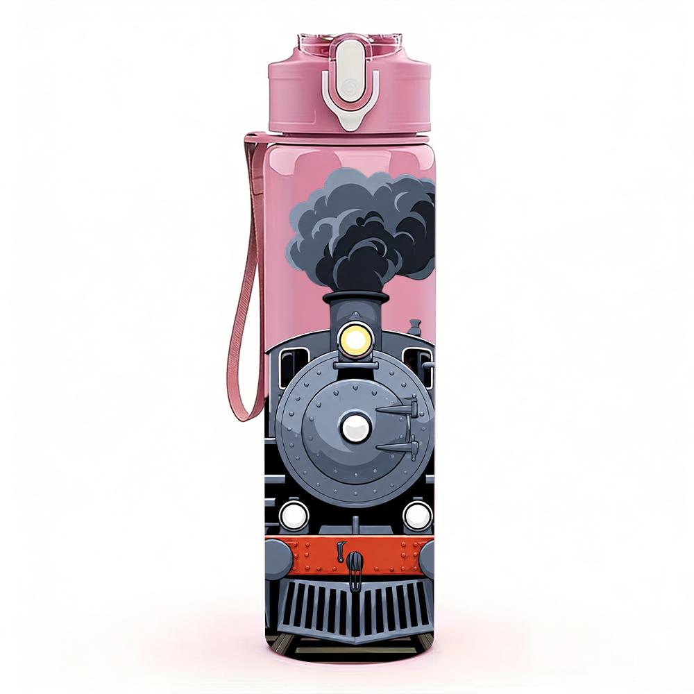 1PC Vintage Steam Train Graphic 750ml Color Plastic Water Bottle Leakproof Flip Straw Lid For Sports Office Home Use