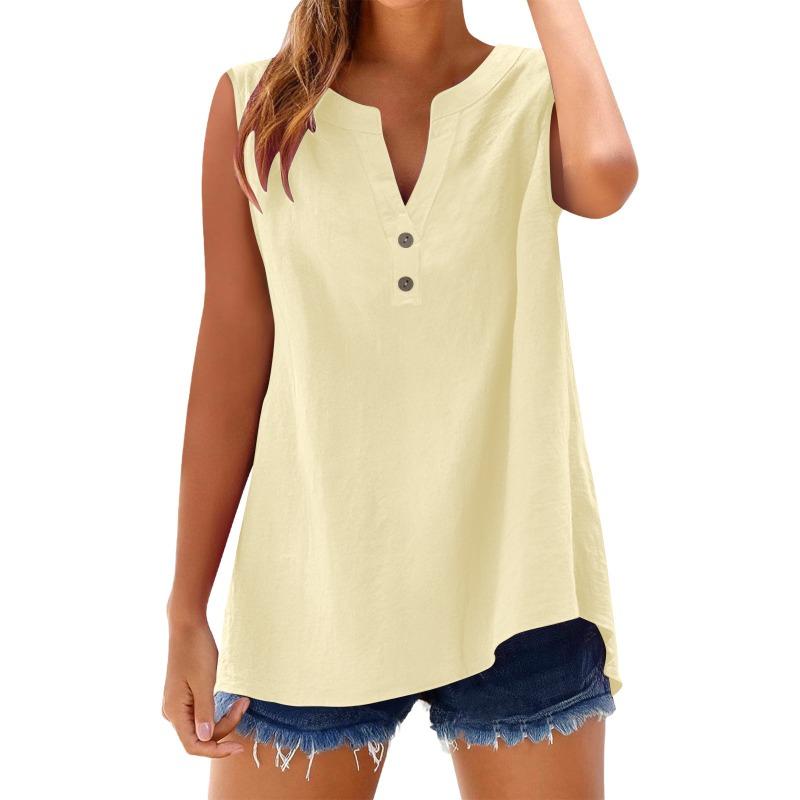Women's Shirt Summer Fashion Casual Button Loose Sleeveless Bamboo Cotton Top Women's Wear