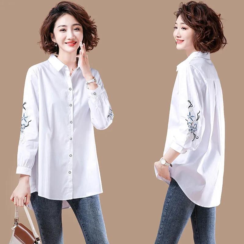 Spring Fashion Embroidered Shirt Women Stylish Loose Blouse with Lapel Collar