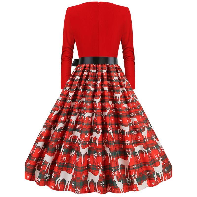 European and American Retro Autumn Burning Flowers V-neck Slim Fit A Word Snowflake Elk Christmas Mid-Length Long Sleeve Dress Formal Dress