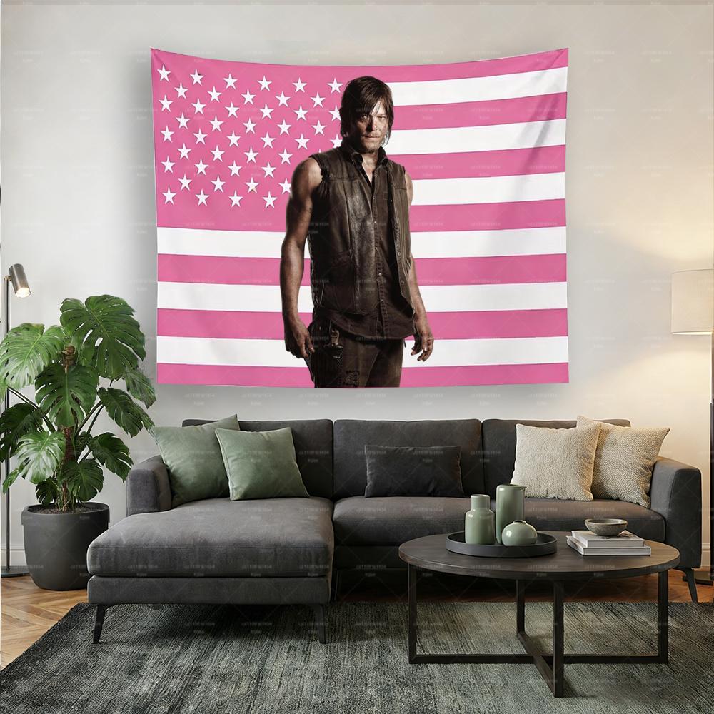 The WWalking DDead DDaryl DDixon Pink American Flag Tapestry  Wall Hanging for Bedroom Dorm Home Decor  TV Show Fans Gif