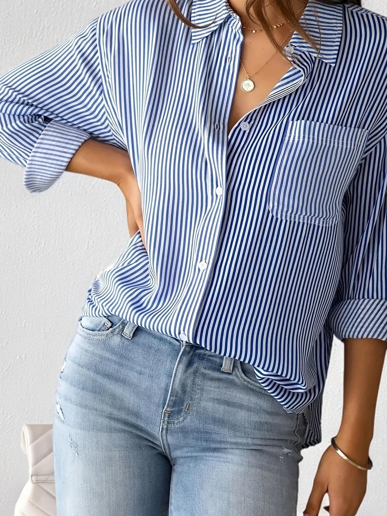 

Шикарная рубашка с длинным рукавом в полоску - Женская повседневная одежда с карманом и застежкой на пуговицах спереди - Идеально для повседневной носки L королевский синий